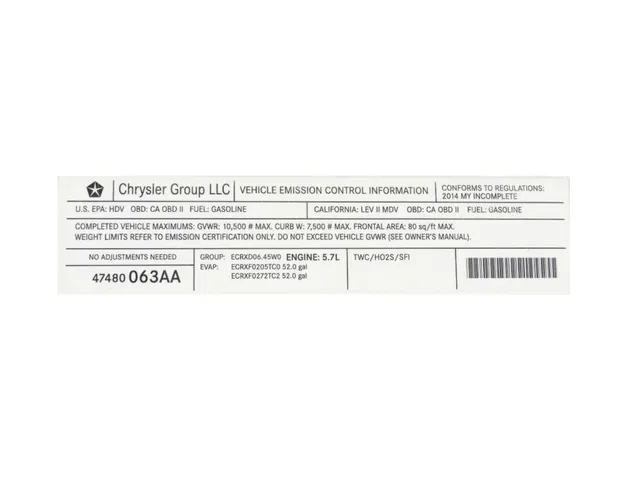 Vehicle Emission Control Information Label - Mopar (47480063AA)