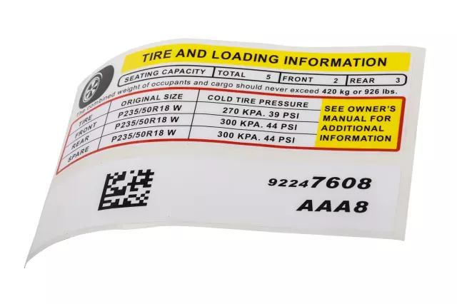 Tire Pressure Label - GM (92247608)